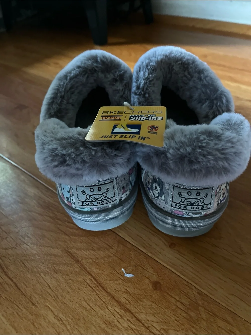 BOBS from Skechers Gray Plush Clog Slippers with Multicolor Puppy Pattern